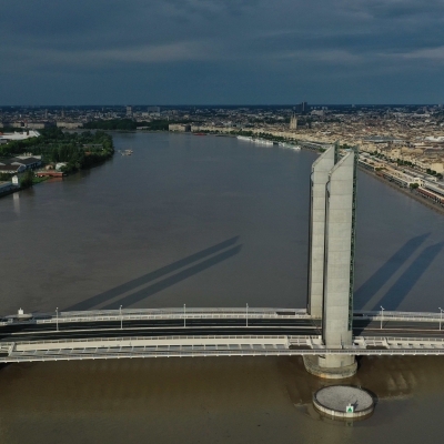 UAV aerial view of Chaban-Delmas bridge in Bordeaux, France
