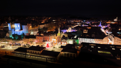 Aerial image of Christmas lights in Montbéliard and its Christmas market taken by drone
